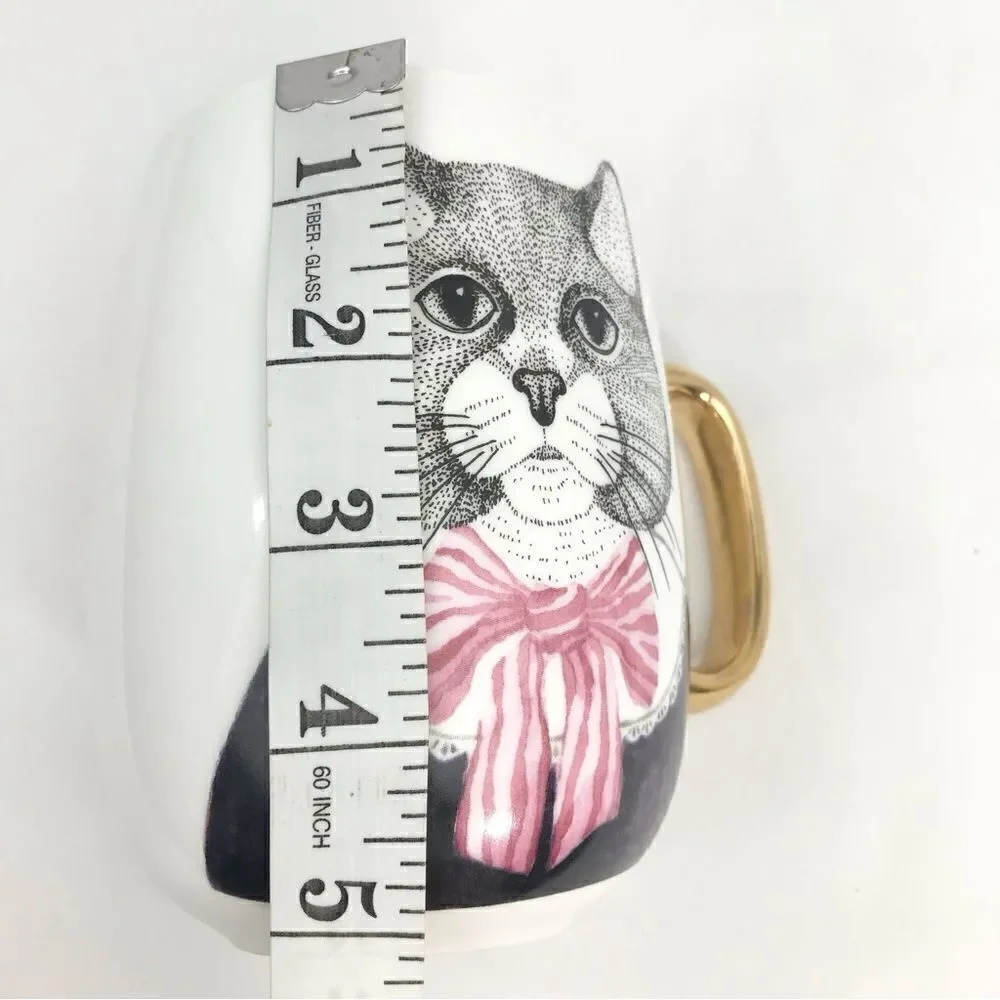 Pier 1 Fancy Cat Black White Pink Stripe Bow Double Sided Graphic China Mug